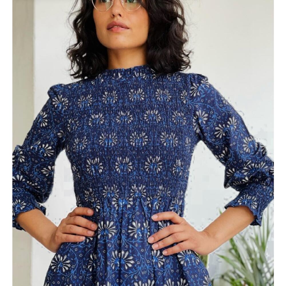 Pink City Prints Isabel Smocked Tiered Maxi Dress Small Midnight Vine Blue - Picture 4 of 10